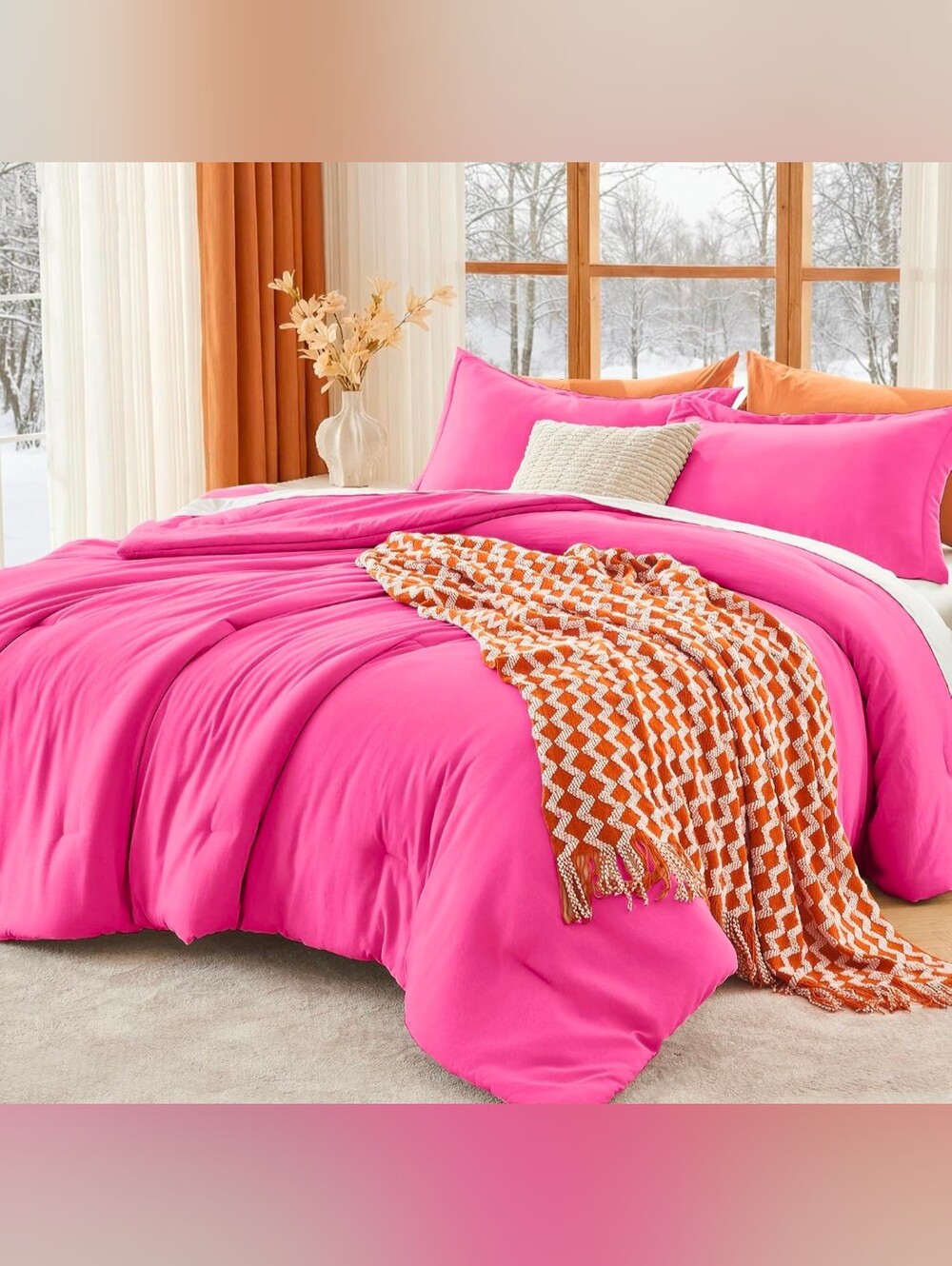 Vibrant Pink Queen 3pcs Comforter Set - Bright Hot Pink Bedding Set New